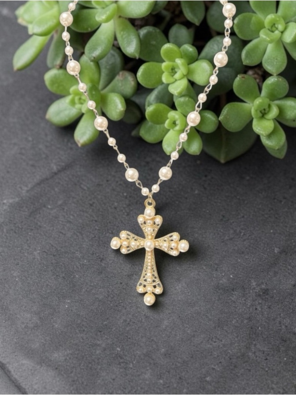 Gold-Tone Pearl Cross Pendant Necklace - Elegant Women Jewelry, NWOT